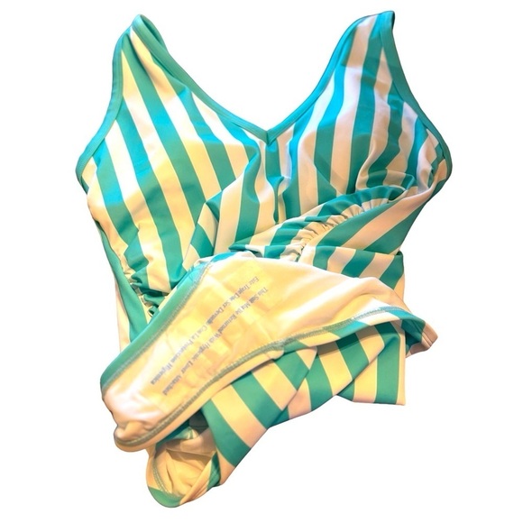 NEW Kona Sol Turquoise and White Striped One Piece Swimsuit Size 14W V Neck - Picture 6 of 11